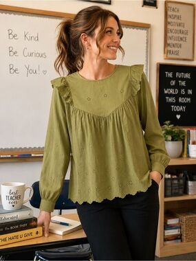 M&S Collection Eyelet Embroidered Ruffle Blouse Olive Green UK 14 US 10 NWT